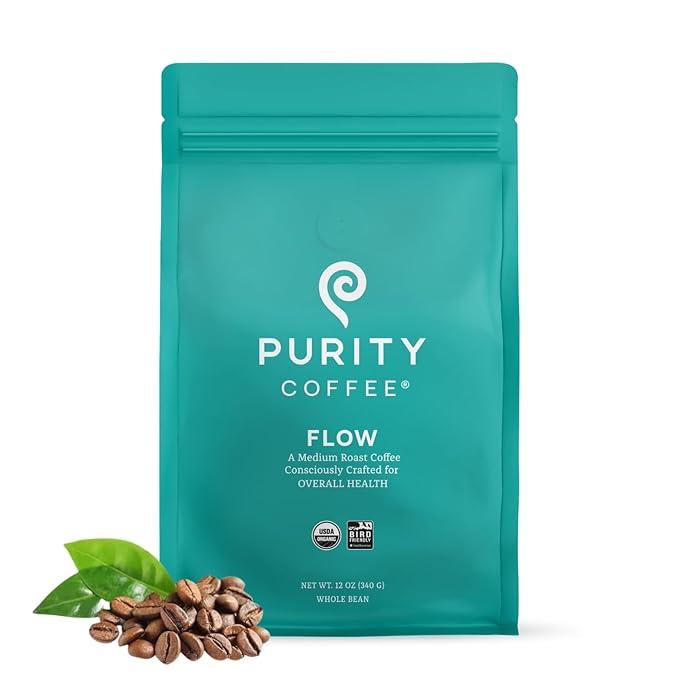 Purity Coffee FLOW Original Medium Roast Whole Bean (12oz Bag) | Specialty-Grade USDA Organic Arabica Blend | Third Party Tested for Mold Mycotoxins &amp Pesticides