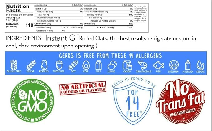 Gerbs Gluten-Free Instant Oats 4 lbs. | Carefully Sourced Resealable Bag | Smooth &amp Creamy Texture | Top 14 Allergen-Free