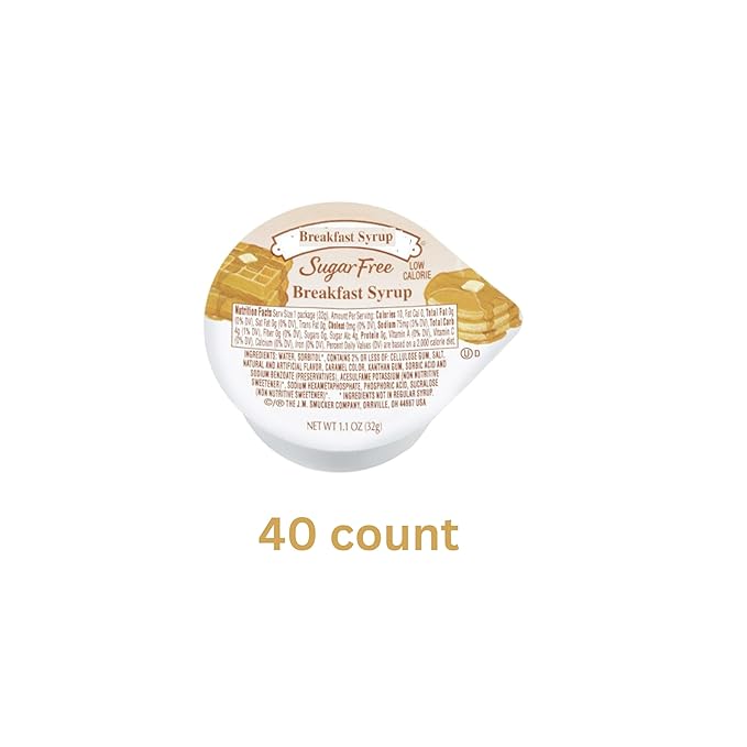 Sugar free breakfast topping low calorie sweetener portion control cups 1.1 oz 40 count keto friendly diabetic syrup alternative travel size perfect for pancakes and waffles.