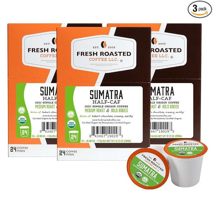 Fresh Roasted Coffee Organic Sumatra Water-Processed Half-Caf | 100% Single Origin USDA Organic Kosher | Medium Roast K-Cup Compatible | 72 Pods