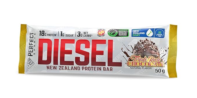 PERFECT SPORTS Diesel New Zealand Whey Protein Bars | Stevia Sweetened No Artificial Flavors | Low Sugar 18g Protein | 12 Pack (Triple Rich Chocolate)