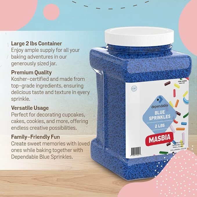 Dependable Food Blue Sprinkles - 2 Lb. Bulk Container - Gluten-Free Kosher Blue Jimmies for Cake Decorating Cupcakes &amp More - Resealable Jar