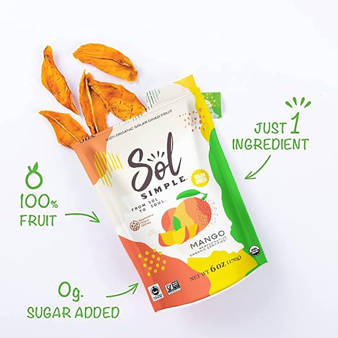 SOL SIMPLE Organic Dried Mango and Pineapple | 6oz Snack Pack | Vegan | Non-GMO | No Added Sugar | Fair Trade | Dried Fruit