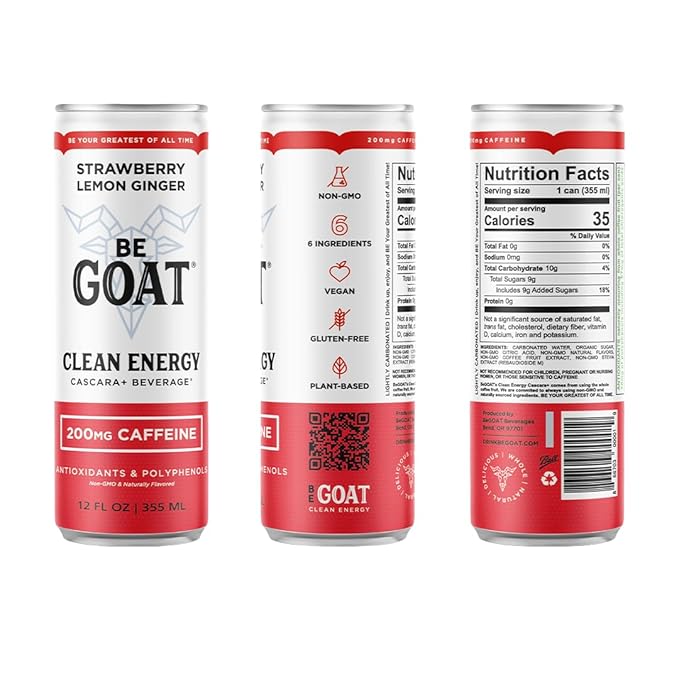 BeGOAT Clean Energy | Strawberry Lemon Ginger | 6 Ingredients Plant-Based Non-GMO Vegan | 200mg Natural Caffeine | 12 fl oz Cans (Pack of 12)