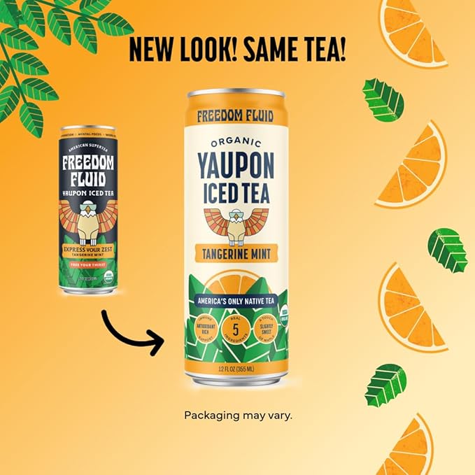 Freedom Fluid Organic Yaupon Iced Tea – Tangerine Mint | Herbal Tea Drink | Lightly Sweetened Low Sugar Low Calories Real Brewed Tea Clean Ingredients Antioxidant Rich Natural Caffeine 12 Pack
