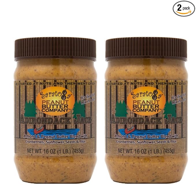Saratoga Peanut Butter Company Adirondack Jack - Almond/Peanut Blend with Cranberries Flax Cinnamon Honey Sunflower seeds. 16 Ounce Jar. Gluten- Free Non GMO Freshly Made All Natural.