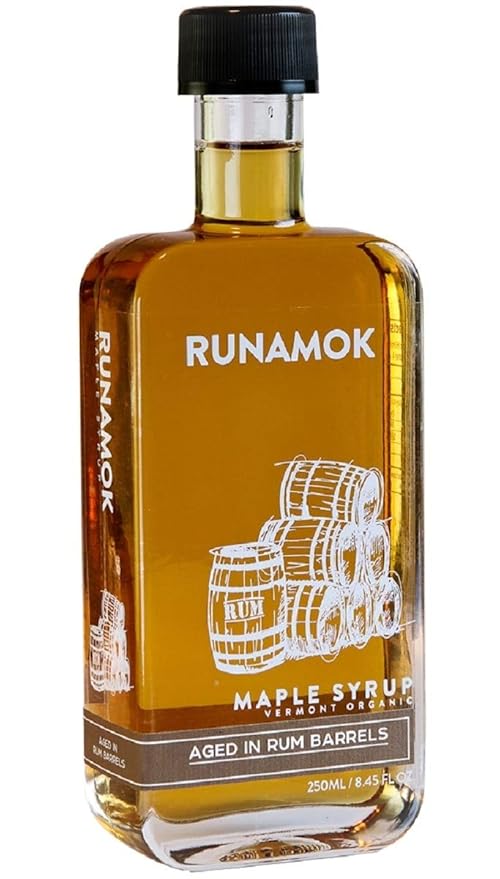 Runamok Maple Rum Barrel Aged Maple Syrup - Authentic &amp Pure Maple Syrup Organic | Non-Alcoholic &amp Natural Sweetener Vermont Maple Syrup | Great for Ice Cream &amp As Pancake Syrup | 8.45 Fl