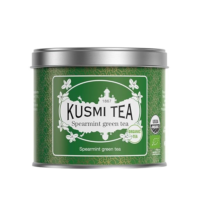 Kusmi Tea - Spearmint Green - Organic Blend of Gunpowder Green Tea with Mint - Peppermint Tea - Enjoy Hot or Ice - Organic Flavored Green Tea - Loose Leaf Tea - Tin Box of 3.5 oz - For about 50 cups