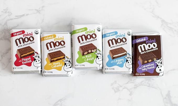 Moo Chocolate Combo Pack Organic &amp Natural Mini Bars Variety Box 0.7 oz 14 ct (Pack of 1) | Snacks for On-the-Go Lunchboxes Office