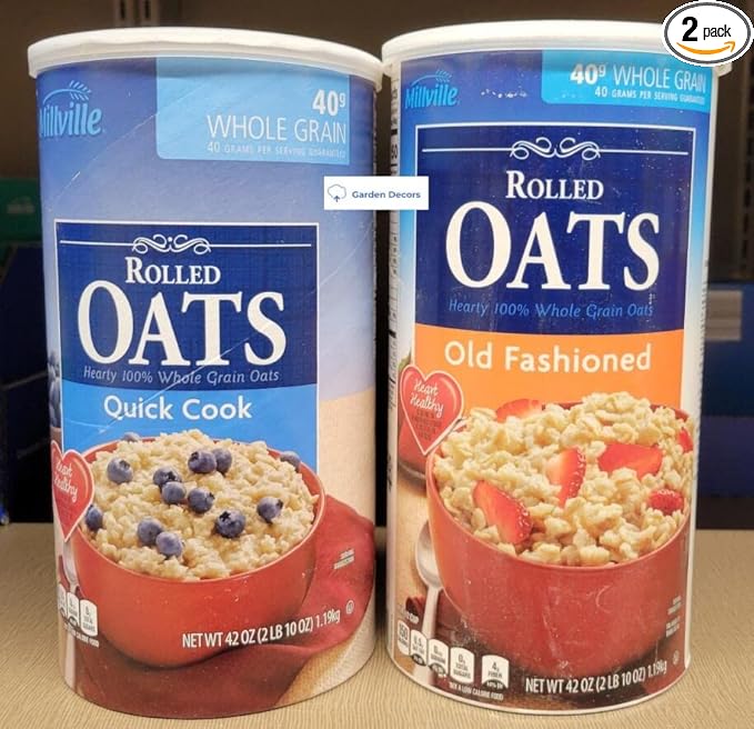 Millville Rolled Oats Hearty 100% Whole Grain Oats Quick Cook &amp Old Fashioned 42oz 1.19kg (Two Tubes)