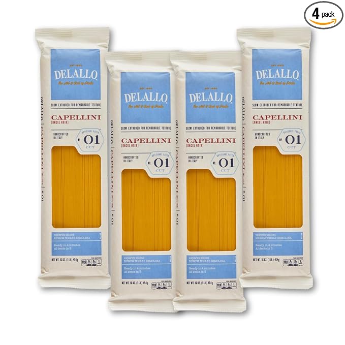 DeLallo Capellini Pasta Angel Hair Made in Italy Bronze Cut Made with Only 100% Durum Wheat Semolina Flour Non-GMO Kosher Vegan 1 Pound Bag (4 Pack)