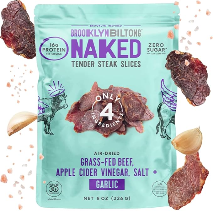 Brooklyn Biltong Air Dried Grass Fed Beef Snack South African Beef Jerky (8 oz Pack of 1) - Whole30 Approved Paleo Keto Gluten Free Sugar Free Made in USA - (Garlic)