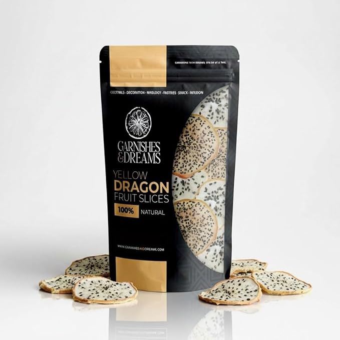 Garnishes &amp Dreams Dehydrated &amp Dried Yellow Dragon Fruit (5.5oz) – Natural Exotic Tropical Fruit Chips for Cocktails Mixology Baking &amp Desserts No Sugar Added Edible Dried Fruit Garni