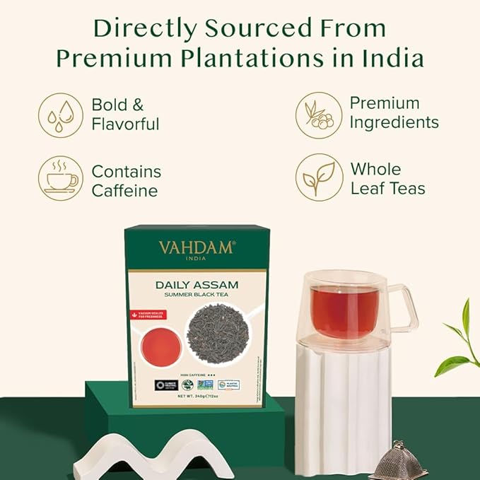 VAHDAM Assam Black Tea Leaves (340g/12oz) 170+ Servings | High Caffeine Non GMO Gluten Free | STRONG MALTY &amp RICH | Pure Unblended Single Origin Black Loose Leaf Tea | Vacuum Sealed