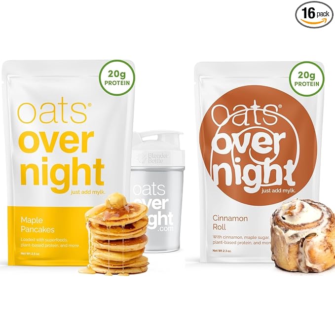 Oats Overnight Maple Pancakes 8 Pack + BlenderBottle &amp Cinnamon Roll 8 Pack - 20g Protein High Fiber Breakfast Shake - Gluten Free Non GMO Oatmeal