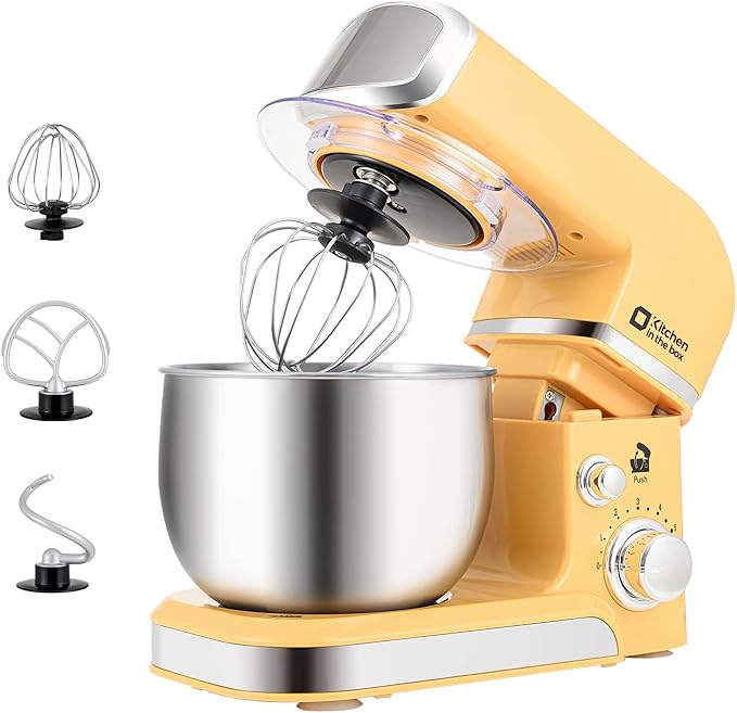 Kitchen in the box Stand Mixer3.2Qt Small Electric Food Mixer6 Speeds Portable Lightweight Kitchen Mixer for Daily Use with Egg WhiskDough HookFlat Beater (Yellow)
