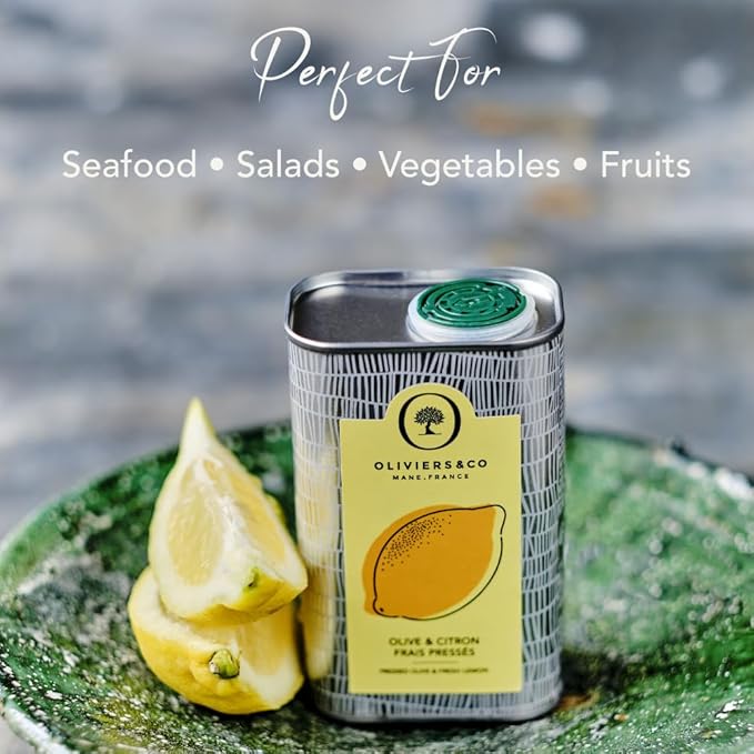 Cold Pressed Lemon Olive Oil by Oliviers &amp Co | Italian Extra Virgin Olive Oil with Fresh Whole Lemons | Gourmet Holiday Gift for Seafood Vegetables &amp Desserts | 8.4 Fl Oz Metal Tin