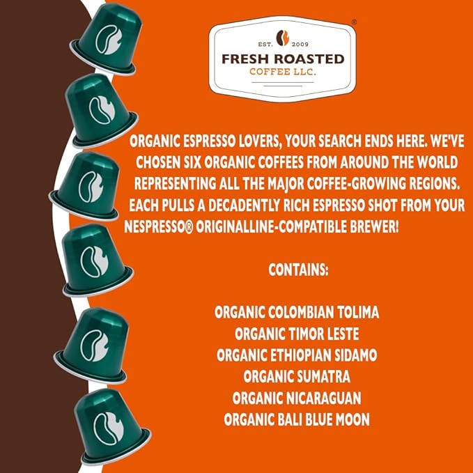 Fresh Roasted Coffee Organic Single-Origin Variety Espresso Pods for Nespresso OriginalLine | USDA Organic Kosher | 120 Recyclable Aluminum Capsules