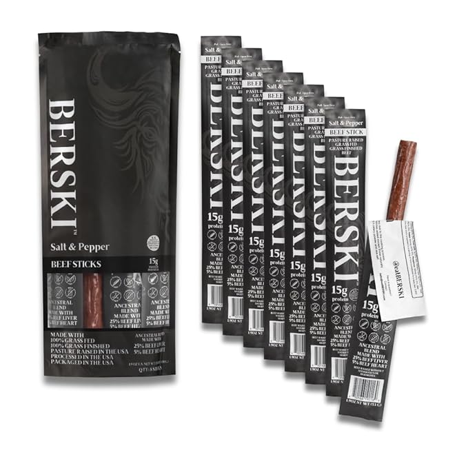 BERSKI – 2 Pack Bundle Salt &amp Pepper Beef Sticks – 100% Grass-Fed Grass-Finished – Ancestral Blend with Liver &amp Heart – Keto Paleo – Regeneratively Raised USA Beef (1oz + 1.9oz Sticks)