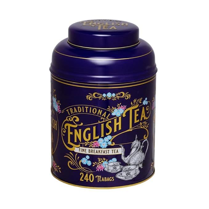 New English Teas Vintage Victorian Tea Tin in Royal Purple With 240 English Breakfast Teabags Forget Me Not Florals