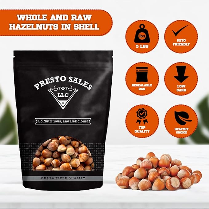 Presto Sales Filberts Hazelnuts Raw In Shell - 80 oz. (5 lbs.) Resealable Bag - Non-GMO Gourmet and Savory Flavor Hazelnuts Natural Healthy Low-Carb Keto Friendly Snack by Presto Sales