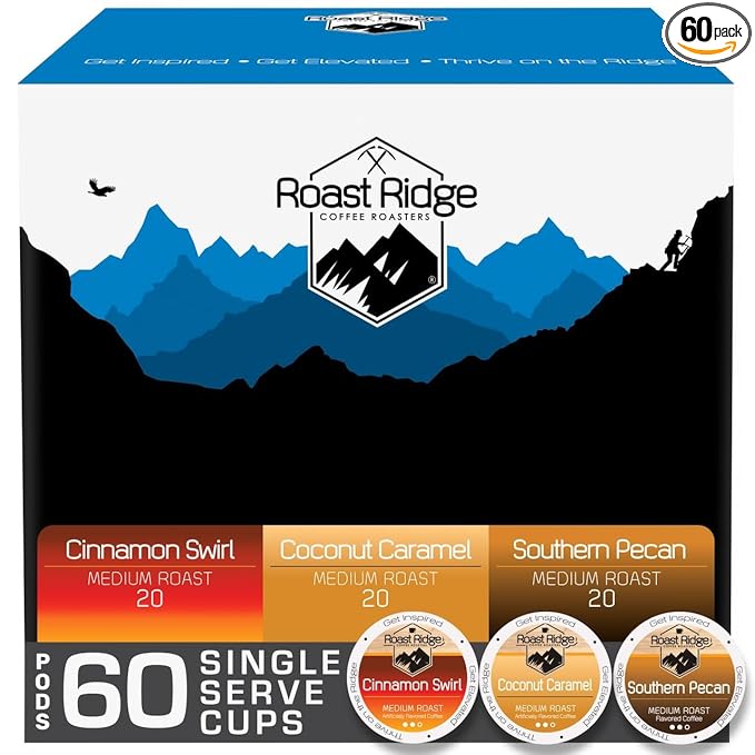 Roast Ridge Single Serve Coffee Pods for K-Cup Brewers Flavored Variety Pack Medium Roast 60 Count (20 each: Cinnamon Swirl Coconut Caramel Southern Pecan)