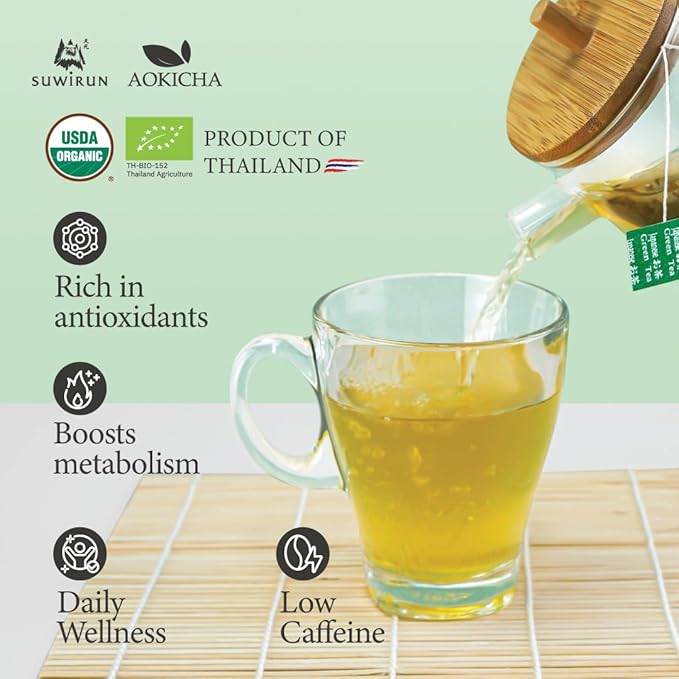 Suwirun Aoki Cha Organic Yabukita Japanese Green Tea 50 Bags – Smooth Umami-Rich &amp Refreshing – Eco-Friendly Unbleached Tea Bags for Hot &amp Cold Brew
