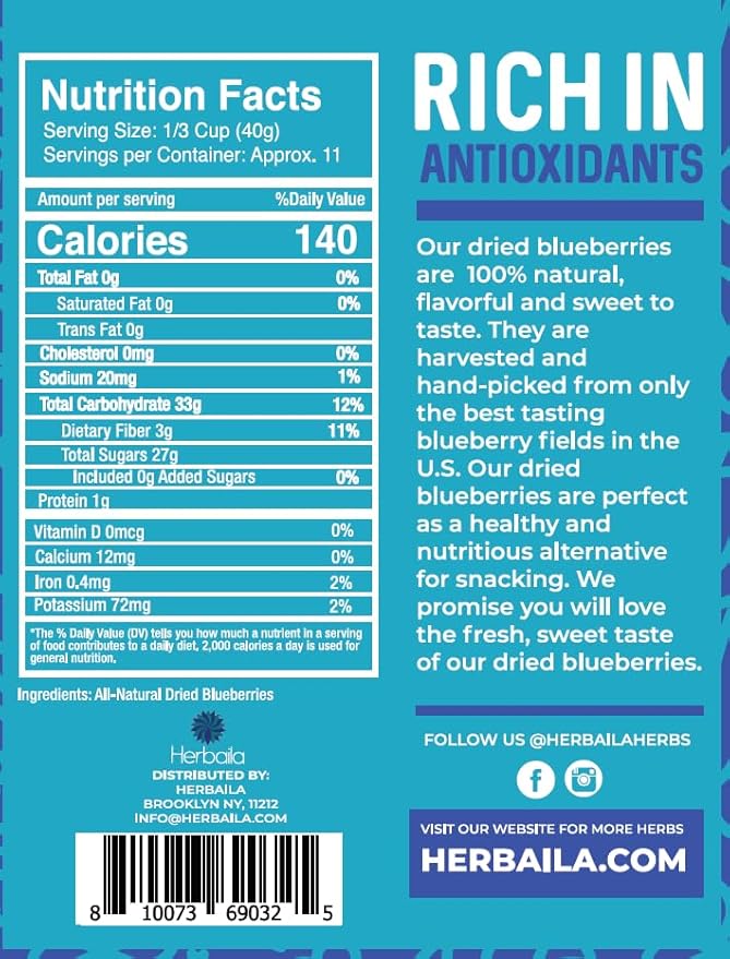 Herbaila Whole Dried Blueberries No Sugar Added Bulk Dehydrated Dried Unsweetened Blueberries All Natural Non-GMO 1 Pound. - 16 oz. (Pack of 2)