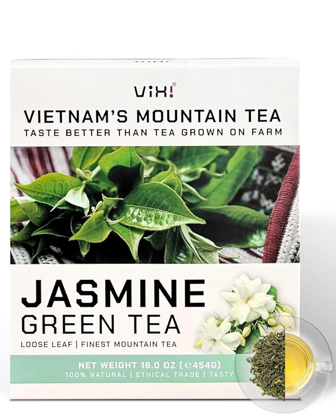 VIXI Jasmine Green Tea Loose Leaves 16 Oz Jazmine Flavored Unsweetened Caffeinated 100% Natural from Ancient Leaf Tea Tree Jasmin Scented Green Looseleaf for Hot and Cold Brew