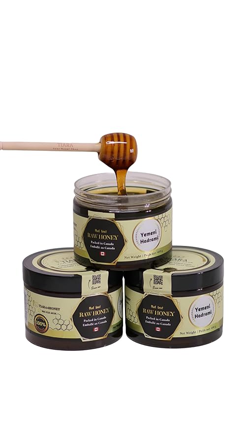 TIARA Yemeni Hadrami Honey – 100% Raw Pure &amp Natural CFIA Certified Unpasteurized Packed in Canada Premium Quality – 14 Fl Oz 400g + Free Honey Dipper Gift
