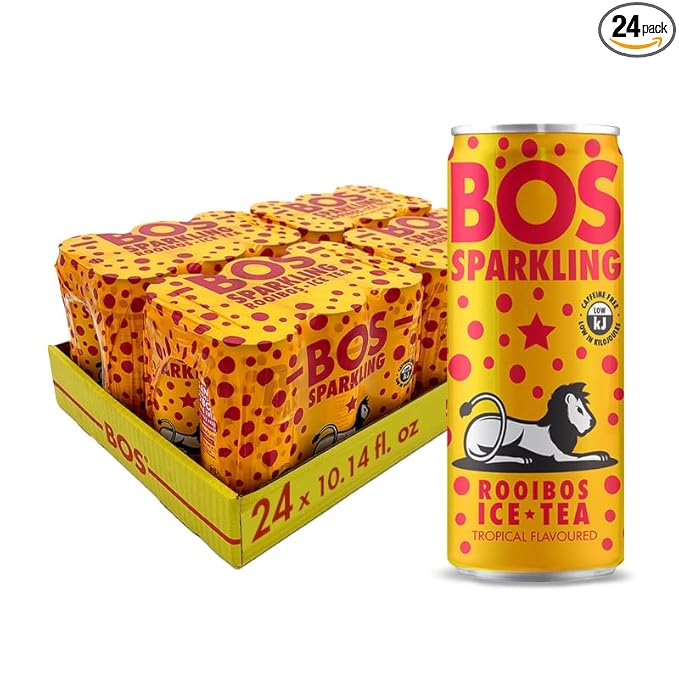 BOS Rooibos Iced Tea Sparkling Tropical | 24x (6x 10.1 oz Cans) | Organic Caffeine Free Naturally Sweet Antioxidant-Rich Herbal Red Rooibos Tea | From South Africa