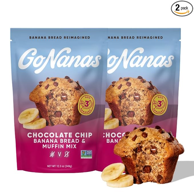 GoNanas Chocolate Chip Oat Flour Banana Bread Mix Suitable for Plant Based Vegan Diets Gluten Free Dairy Free Snacks Healthy Snacks For Adults Muffin Mix Nut Free Cupcakes Dessert NON-GMO 2pk