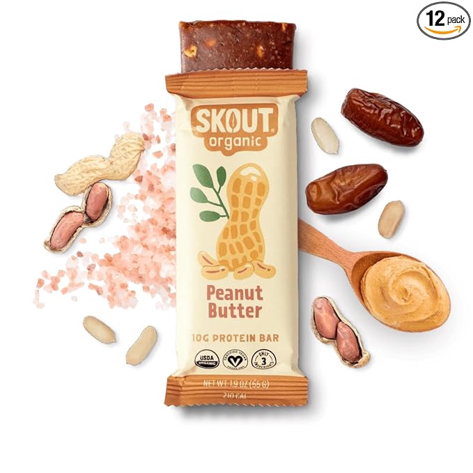 Skout Organic Plant-Based Protein Bars Peanut Butter (12 Pack) – 10g Protein – Vegan Protein Bars – Only 3 Ingredients – Easy Snack – Gluten Dairy &amp Soy Free