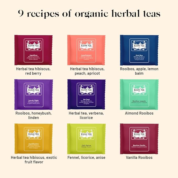 Kusmi Tea - Organic Herbal Tea Gift Set - Sampler Assortment Variety Box - Gift Idea for Men and Women - Caffeine-Free Teas - Hibiscus Tea Chamomile Tea Rooibos - 9 Recipes - 45 Tea Bags