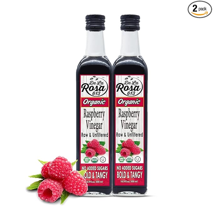 De La Rosa Raspberry Vinegar Organic Raw &amp Unfiltered Pure Vinegar Vegan Gluten Free &amp Kosher Raspberry Vinaigrette Salad Dressing &amp Marinade 16.9 Oz (Pack of 2)