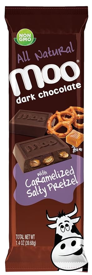 Moo Chocolates All Natural Dark Chocolate Large Bars with Caramelized Salty Pretzel 1.4 oz 14 ct (Pack of 1) | 110 Calorie Snacks for On-the-Go Lunchboxes Office