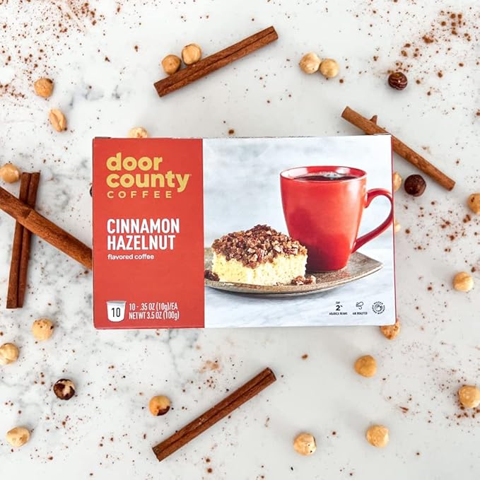 Door County Coffee Cinnamon Hazelnut Flavored Ground - 60 Count Single Serve Cups - Medium Roast - 100% Specialty Arabica - Flavored Gourmet - Cinnamon Hazelnut