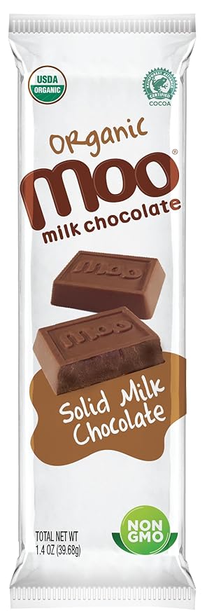 Moo Chocolates Organic Solid Milk Chocolate Large Bars 1.4 oz 14 ct (Pack of 1) | USDA Organic Non-GMO | 110 Calorie Snacks for On-the-Go Lunchboxes Office