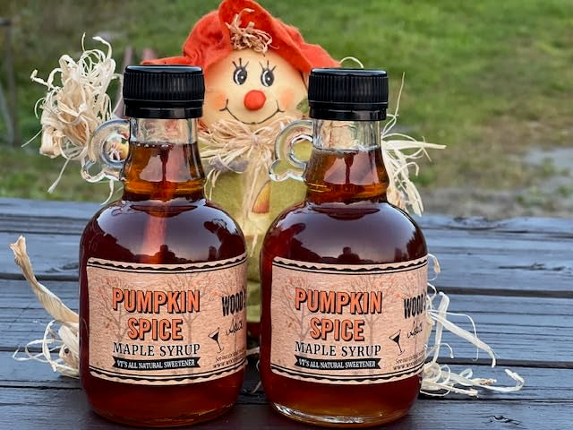 WOOD'S Pumpkin Spice Maple Syrup – Small-Batch Vermont Maple Syrup Infused with Cozy Fall Spices | Natural Vegan Sweetener for Coffee Pancakes Baking &amp More | 8.45 Fl Oz (250mL)