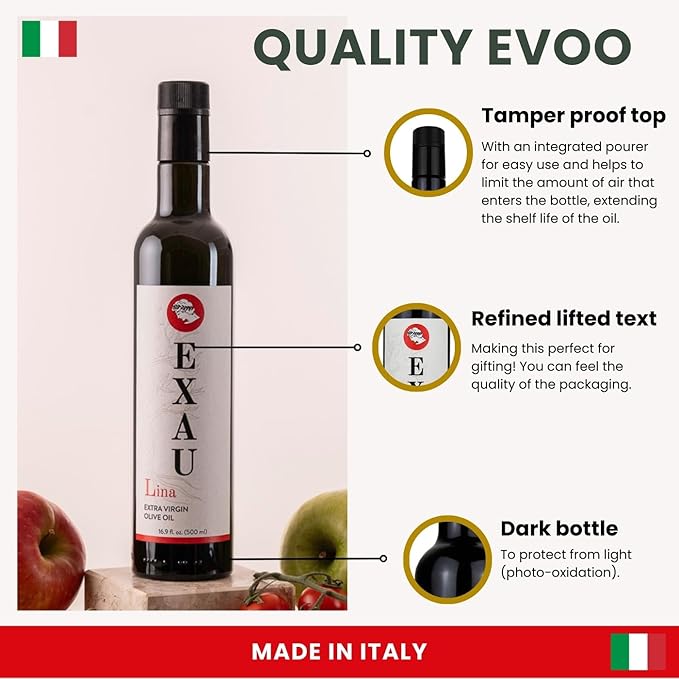 EXAU Extra Virgin Olive Oil - Lina 897 mg/kg Polyphenol Rich Olive Oil Cold Extracted Premium Italian EVOO Made in Italy Use for Drinking Cooking and Finishing 16.9 fl oz (500ml)