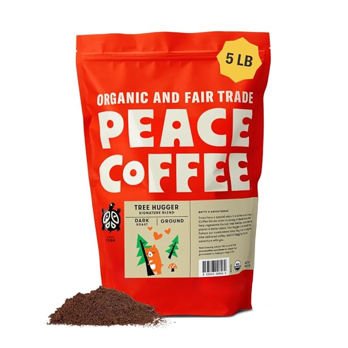Peace Coffee Tree Hugger Signature Blend Ground Dark Roast Coffee 5 lb Organic Fair Trade Nutty Smooth Flavor Shade Grown Fresh Roasted