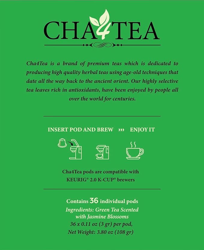 Cha4TEA 36-Count Jasmine Green Tea Pods Compatible with Keurig K-Cups Brewers