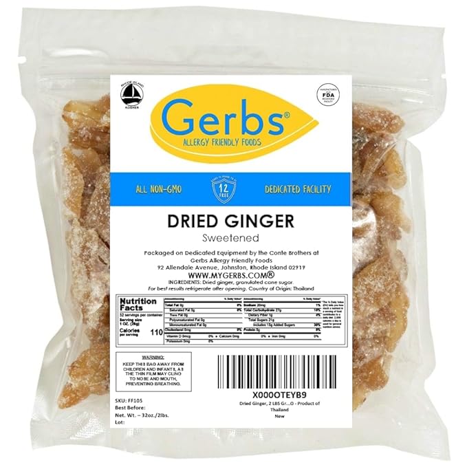 Gerbs Crystalized Dried Ginger 2 lbs. | Unsulfured No Artificial Additives Resealable Bulk Bag | Bold &amp Spicy Flavor | Top 14 Allergen-Free