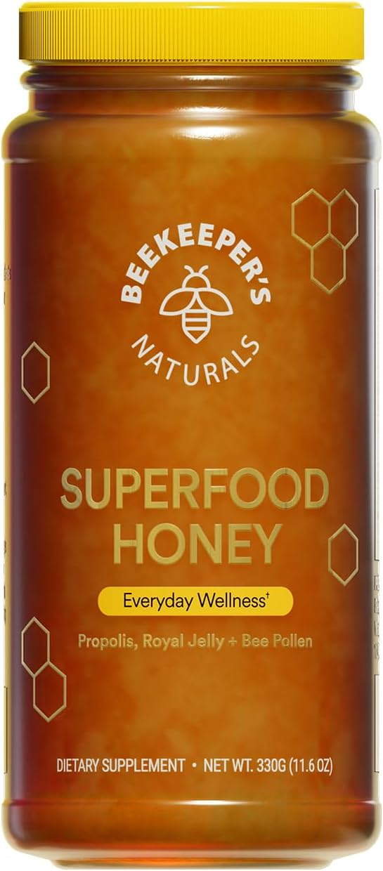 Superfood Honey by Beekeeper's Naturals - Bee Pollen Royal Jelly Propolis Honey - Natural Energy Immune Support Mental Clarity Athletic Performance (11.6 oz)