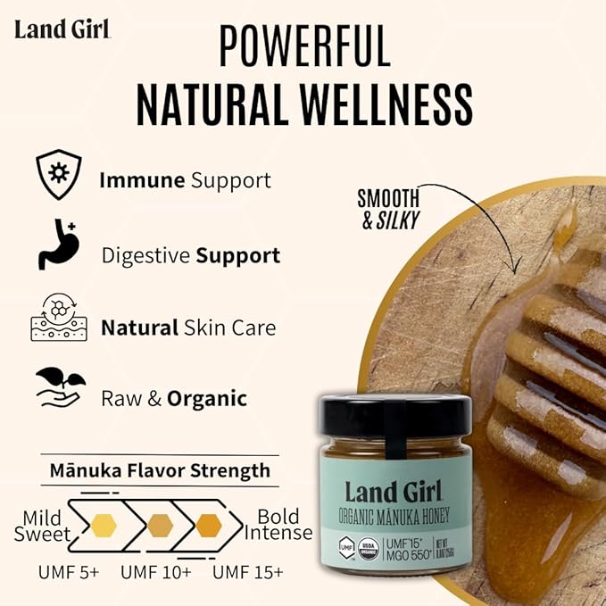 Land Girl Organics New Zealand Raw Premium Manuka Honey | Monofloral USDA Certified Organic Superfood UMF 15+ MGO 550+ Medical Grade 8.8 oz Glass Jar
