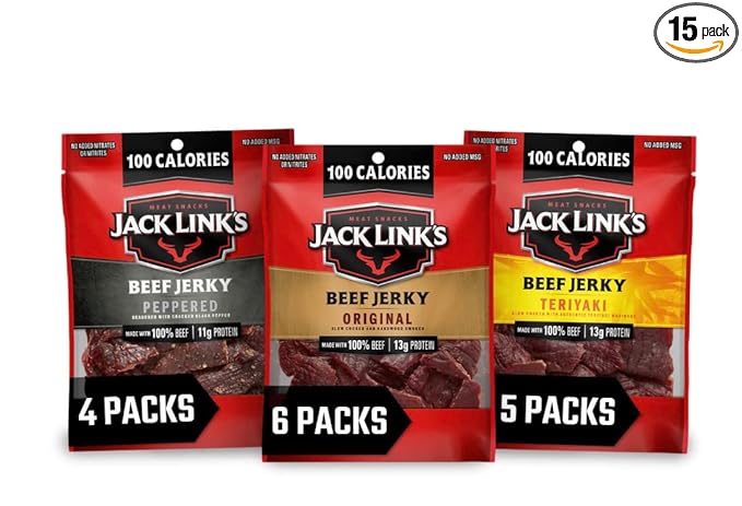 Jack Link's Beef Jerky Variety Pack – Includes Original Teriyaki and Peppered Jerky Bulk Protein Snack Pack Good Source of Protein Meat Snacks Made with 100% Beef – 1.25 Oz (Pack of 15)