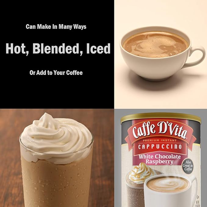Caffe D'Vita White Chocolate Raspberry Cappuccino Mix - Instant Cappuccino Mix Gluten Free No Cholesterol No Hydrogenated Oils No Trans Fat 99% Caffeine Free White Chocolate Powder - 16 Oz Can