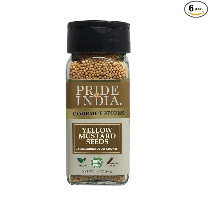 Pride of India - PACK of 6 - Yellow Mustard Seed Whole – Pungent &amp Aromatic – Gourmet Indian Spice – Add in Salads/Dressings/Chicken/Meat/Pickles – Easy to Use – 2.8 oz. Small Dual Sifter Bottle