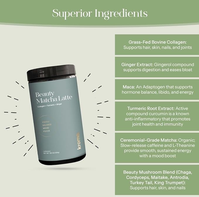 Kroma Beauty Matcha Latte Powder 17.75oz 503g 60 Servings – Ceremonial Grade Japanese Matcha Green Tea with Collagen Ginger Turmeric &amp Adaptogenic Mushrooms for Daily Wellness &amp Rituals