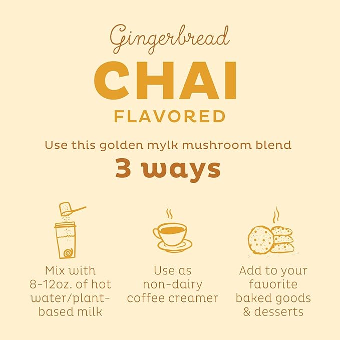 KOS Golden Mylk with Tumeric and Ginger Organic Superfood Latte Powder Adaptogen Mushroom Blend - Coffee Creamer Dessert &amp Smoothie - Caffeine Free Vegan Dairy-Free Gingerbread Chai 28 Serv